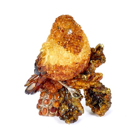Птичка на ветке с шишкой Янтарь/полистоун купить